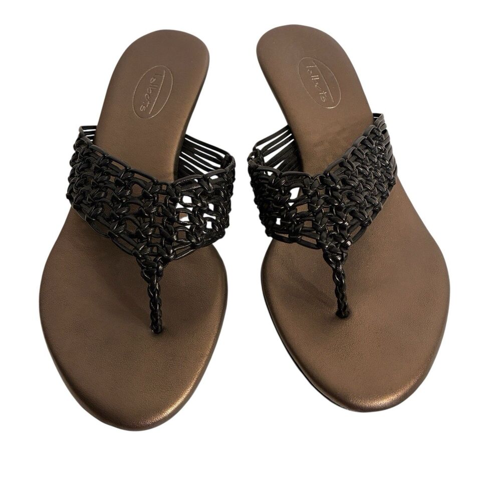 Talbots Women's Black Leather Woven Thong Slide On Sandals. Size 7.